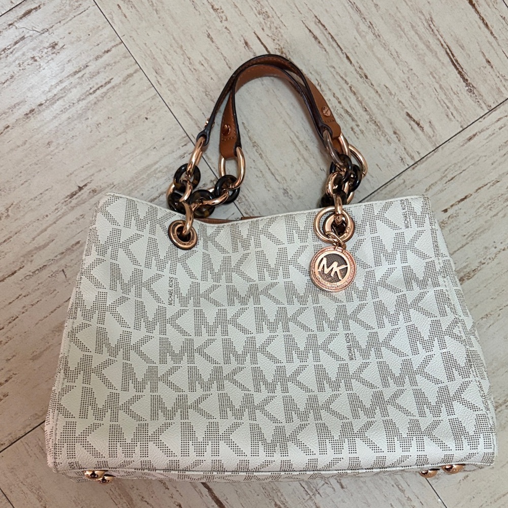 Michael Kors Cream and Brown MK Shoulder Bag